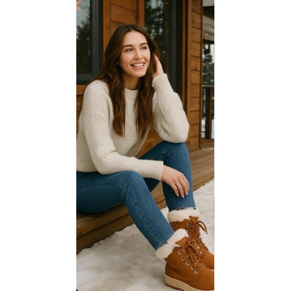 Koolaburra by UGG Tynlee Lace-Up Boots White Faux Fur Trim In Chestnut 8 New - Picture 7 of 12